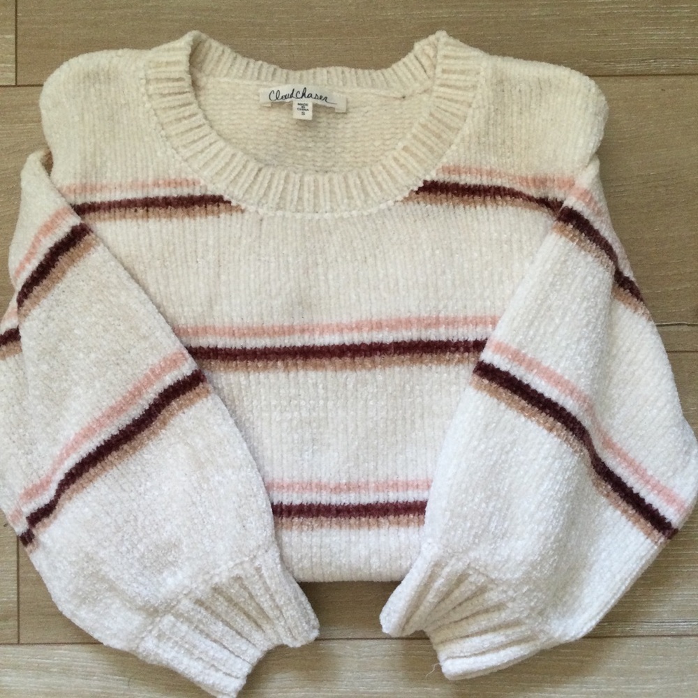 Chenille Cream Beige Neutral Striped Knit Sweater Cropped Soft Oversized sleeves